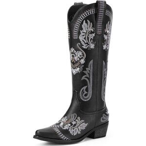 Lumeheel Black Cowboy Boots Women Knee High Western Rhinestone Chunky Heel Pull